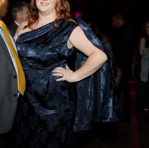 Navy jacquard one-shoulder evening dress